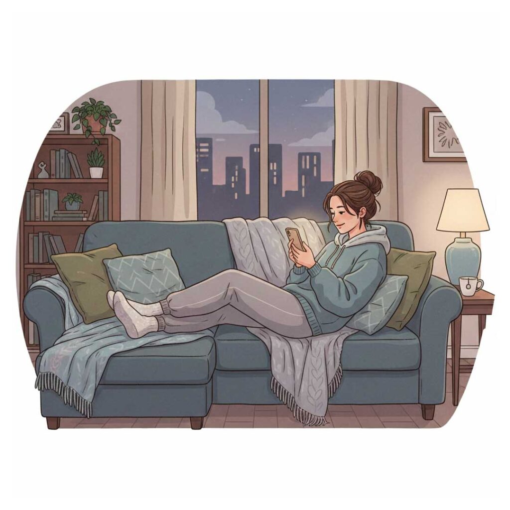 家でネットでウィンドウショッピングする女性