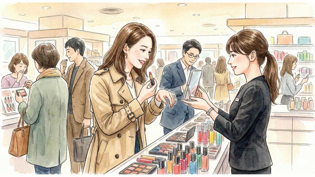 ウィンドウショッピングで口紅を試す女性のイラスト