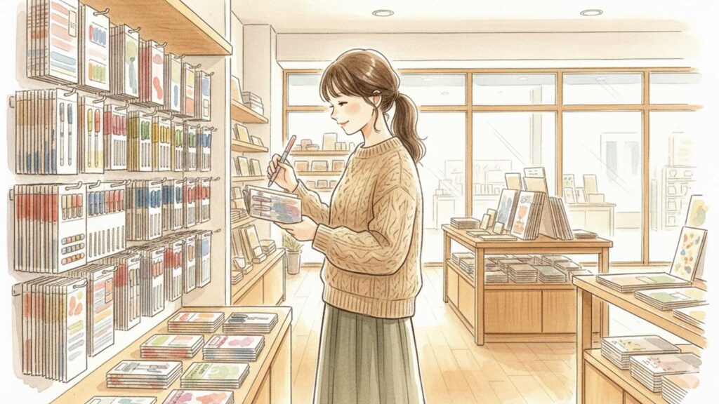 ウィンドウショッピングで文具を試用する女性のイラスト