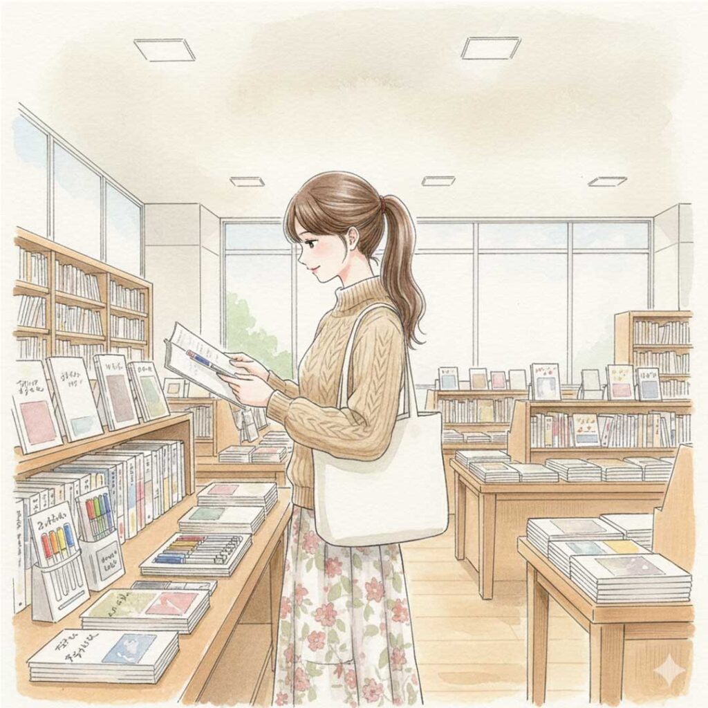 本屋でウィンドウショッピングしている女性